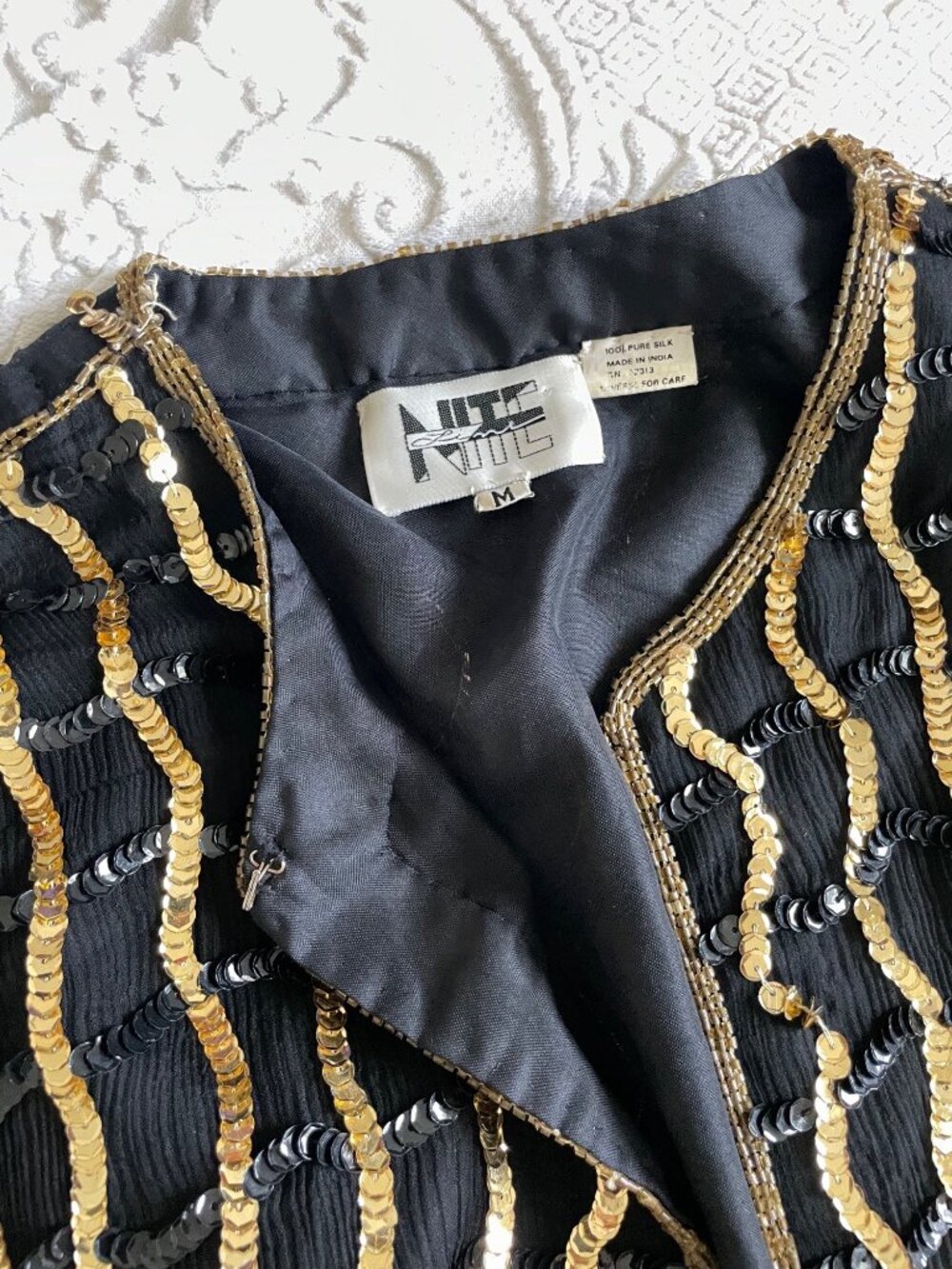 Vintage 1990s Nite Line Maximalist Black + Gold Silk Sequin Top Women’s Medium - Picture 13 of 16